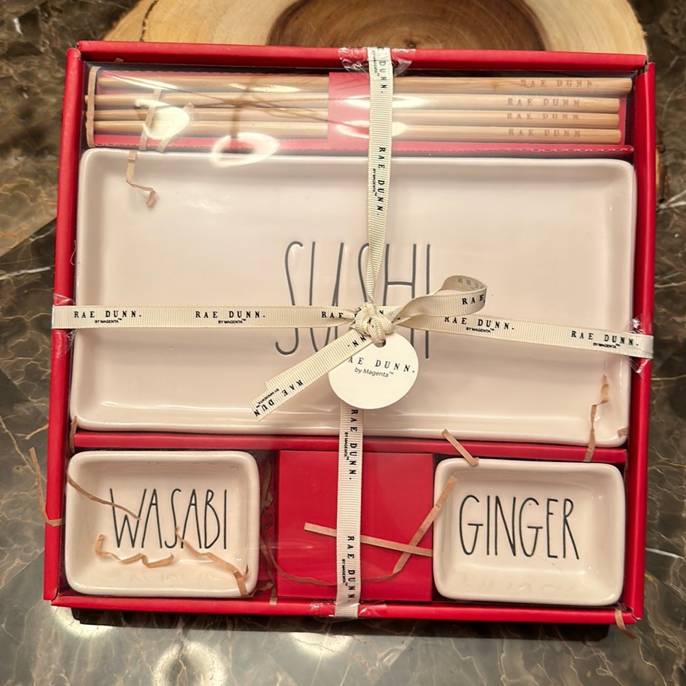 Rae Dunn SUSHI/WASABI/GINGER set with chopsticks
